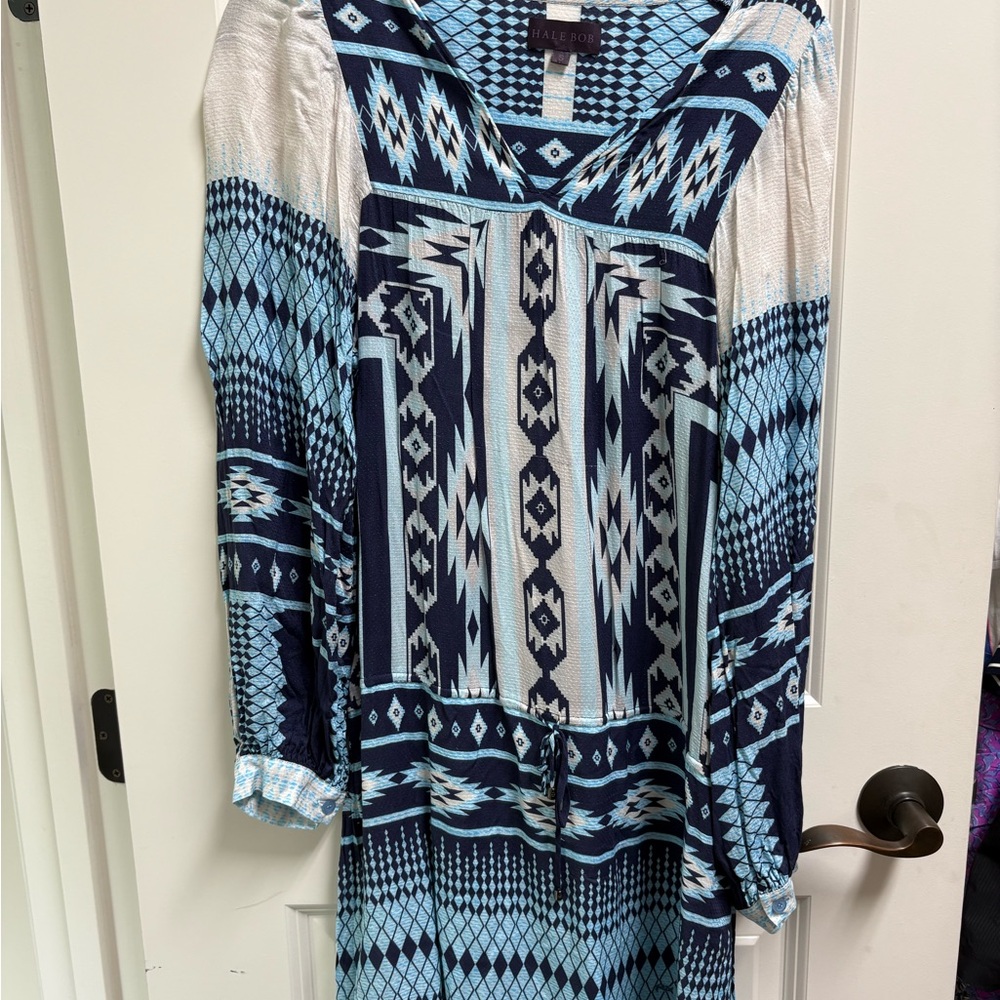 Hale Bob Blue and Black Casual Bishop Sleeve Dress